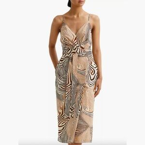 REISS Linen Rosie Animal Print Midi Dress Brown